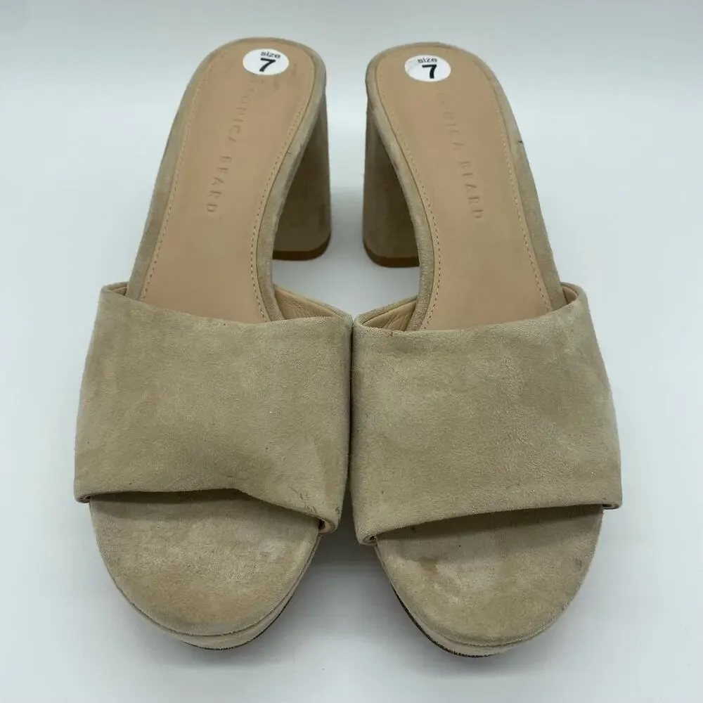 Veronica Beard Tan Suede Dali Strappy Peep Toe Chunky Heel Sandals Women size 7